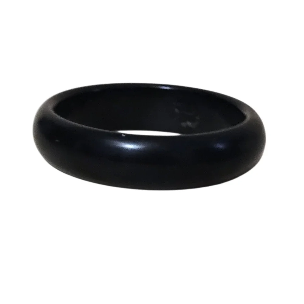 Carved Painted Flowers Black Bakelite Bangle Bracelet France signed Vtg Art Deco